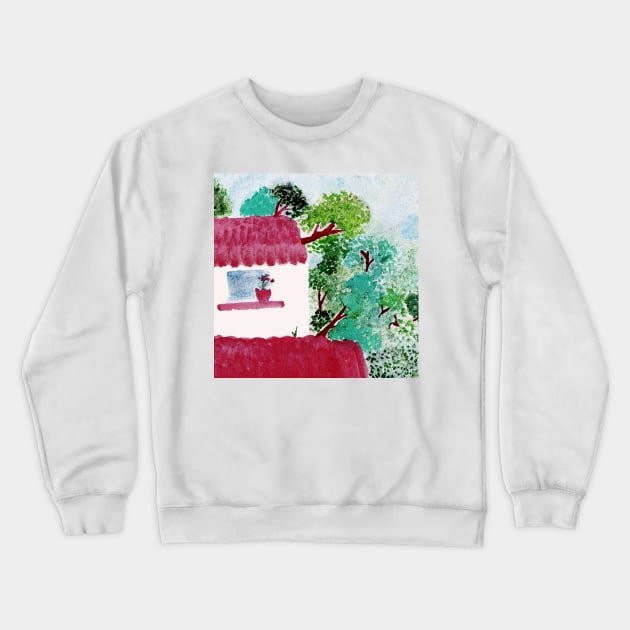 House in the forest, trees, watercolor Crewneck Sweatshirt by oknoki